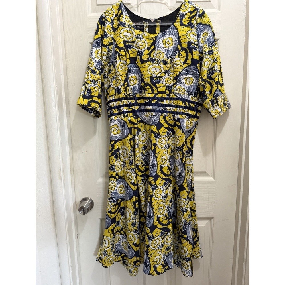 Fantabela Women's Size 16 Navy Yellow Ankara Dress 100% Cotton Made In Cameroon